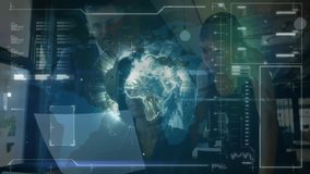 Team clustering, hologram materializing, spurring analyzing data by manipulating globe in tech lab. Collaboration, innovation, technology, data, visualization, analysis, digital - Powered by Shutterstock - Get 15% off with code: PIKWIZARD15