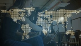 coworkers tapping devices, world map fading and nodes linking regions for global tech collaboration. Collaboration, technology, networking, workspace, connectivity, innovation, modern - Powered by Shutterstock - Get 15% off with code: PIKWIZARD15