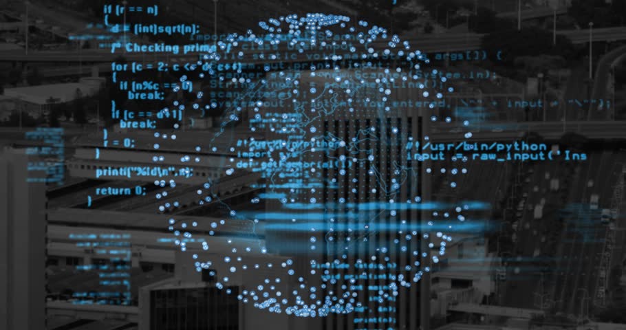 Upon aerial view sphere forming over city rotating glowing nodes streaming code to visualize data. Futuristic, technology, innovation, digital, metropolis, data, cybersecurity