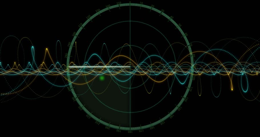 Rotating radar sweep detecting green blip while colorful waves pulsing for target tracking. Navigation, screening, visualization, technology, interface, data, analysis