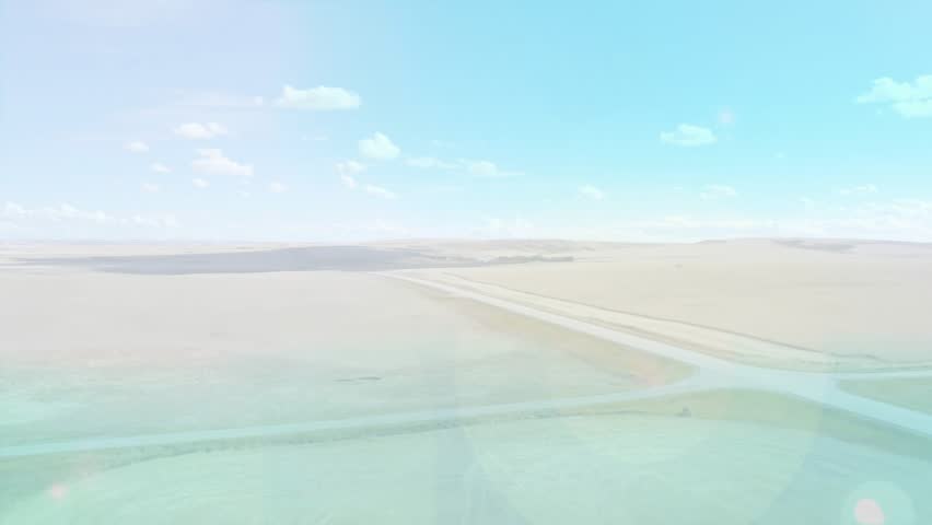 Animated keywords sliding scaling fading upon desert scene opening to illustrate corporate progress. Progression, innovation, resilience, transformation, expansion, clarity, motivation