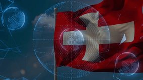 Swiss flag rippling as globe forming behind pole, orbiting pulsing shapes showing digital interplay. Patriotism, technology, digital, network, innovation, futuristic, connectivity - Powered by Shutterstock - Get 15% off with code: PIKWIZARD15