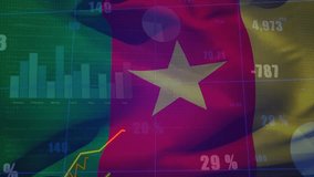 Opening with waving Cameroon flag under dashboard, bars rising, lines shifting for market trends. Patriotism, analytics, visualization, finance, technology, infographic, digital - Powered by Shutterstock - Get 15% off with code: PIKWIZARD15
