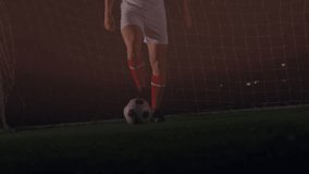 Soccer player dribbling forward under floodlights activating bar charts data tickers for finance. Athlete, stadium, analytics, visualization, sports, digital, competition - Powered by Shutterstock - Get 15% off with code: PIKWIZARD15