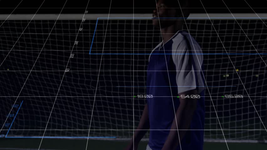 soccer player shifting head tracking metrics, ball entering frame cushioning for sports analysis. Athlete, sports technology, digital interface, futuristic design, performance analytics, nighttime - Powered by Shutterstock - Get 15% off with code: PIKWIZARD15