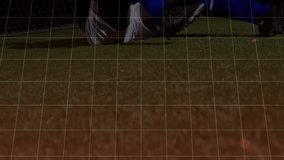 Red bar chart shifting revealing soccer player clutching knee, screaming from pain over goal net. Data visualization, sports injury, athletic performance, digital analytics, nighttime activity, - Powered by Shutterstock - Get 15% off with code: PIKWIZARD15