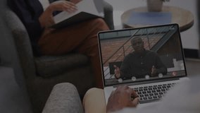 Business team tapping laptop while remote speaker speaking causing data overlay fading. Collaboration, remotework, digitalconference, modernoffice, teamwork, technology, communication - Powered by Shutterstock - Get 15% off with code: PIKWIZARD15