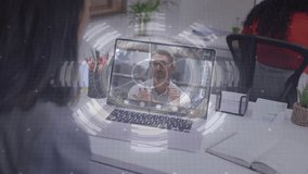 Woman starting remote meeting, launching overlay syncing with colleague gestures for discussion. Collaboration, technology, futuristic, interface, professionalism, communication, innovation - Powered by Shutterstock - Get 15% off with code: PIKWIZARD15