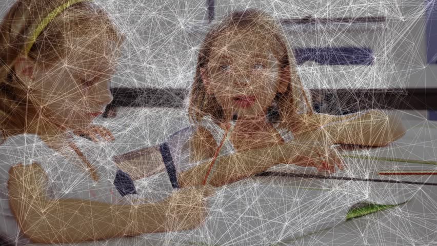 Right girl whispering answer into left girl's ear at classroom desk, animated sound waves pulsing. Friendship, childhood, education, collaboration, learning, teamwork, playful - Powered by Shutterstock - Get 15% off with code: PIKWIZARD15