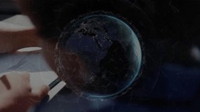 Boy's hand tracing lines on paper with pencil activating rotating grid, data globe for edtech. Education, innovation, technology, learning, creativity, digital, design - Powered by Shutterstock - Get 15% off with code: PIKWIZARD15