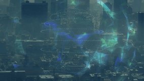 Cloud icon emerging over dusk skyline starting icons linking, pulsing network connectivity. Technology, connectivity, digital, network, data, innovation, urban - Powered by Shutterstock - Get 15% off with code: PIKWIZARD15