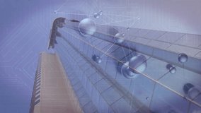 Perspective camera panning up glass tower causing emerging spheres forming network for connectivity. Futuristic, technology, connectivity, digital, innovation, abstract, network - Powered by Shutterstock - Get 15% off with code: PIKWIZARD15