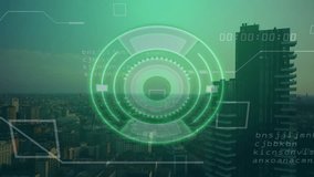 Green 3D HUD emerging over dusk skyline rings showing data, analyzing skyscraper silhouette. Futuristic, holographic, interface, technology, urban, digital, cyberpunk - Powered by Shutterstock - Get 15% off with code: PIKWIZARD15