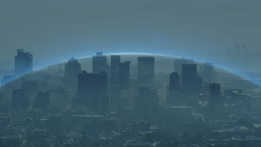 Globe arc emerging above skyline, spawning gears, sliding code panels, hovering UI for data overlay. Futuristic, technology, digital, innovation, urban, hologram, interface - Powered by Shutterstock - Get 15% off with code: PIKWIZARD15