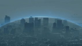 Globe arc emerging above skyline, spawning gears, sliding code panels, hovering UI for data overlay. Futuristic, technology, digital, innovation, urban, hologram, interface - Powered by Shutterstock - Get 15% off with code: PIKWIZARD15