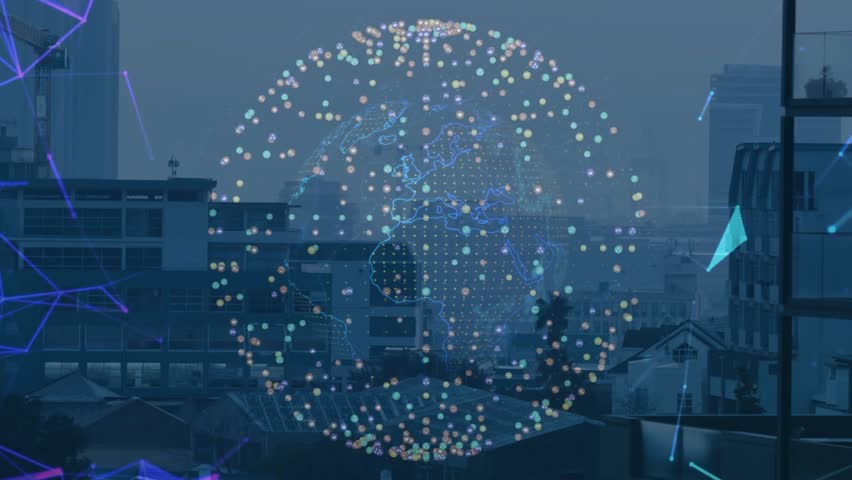 Cloud coalescing forming rotating network and linking icons showing connectivity over city skyline. Technology, connectivity, futuristic, innovation, digital, data, machine - Powered by Shutterstock - Get 15% off with code: PIKWIZARD15