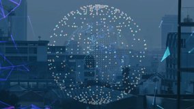 Cloud coalescing forming rotating network and linking icons showing connectivity over city skyline. Technology, connectivity, futuristic, innovation, digital, data, machine - Powered by Shutterstock - Get 15% off with code: PIKWIZARD15