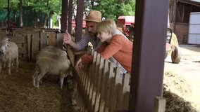 Happy farmer father showing his son the sheep in a wooden pen at the family ranch, bonding and teaching him about livestock and agriculture during a sunny day in the countryside - Powered by Shutterstock - Get 15% off with code: PIKWIZARD15