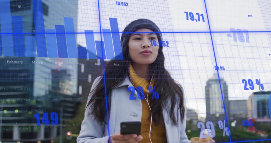 woman tapping smartphone and activating business data charts, snacking at promenade monitoring data. Urban, professional, contemporary, productivity, lifestyle, minimalism, communication