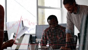 Team leaning over laptop activating 3D bar charts, fluctuating line graph showing business metrics. Collaboration, data, analytics, technology, business, teamwork, modern - Powered by Shutterstock - Get 15% off with code: PIKWIZARD15