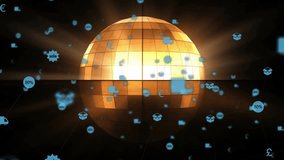 Upon emerging glowing orange sphere, blue icons floating outward fading to illustrate trade network. Technology, connectivity, innovation, digital, network, communication, futuristic - Powered by Shutterstock - Get 15% off with code: PIKWIZARD15