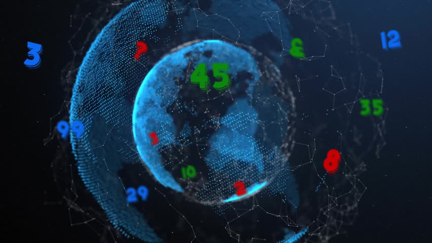 At each second tick, globe rotating, numbers shifting around mesh visualizing live data links. Technology, data visualization, digital network, connectivity, abstract, cyber, futurescape - Powered by Shutterstock - Get 15% off with code: PIKWIZARD15