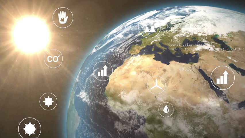 Sun appearing while Earth rotating, icons fading, code shifting and data animating for eco metrics. Sustainability, environmental, digital, futuristic, data visualization, ecological, global - Powered by Shutterstock - Get 15% off with code: PIKWIZARD15