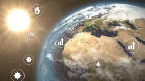 Sun appearing while Earth rotating, icons fading, code shifting and data animating for eco metrics. Sustainability, environmental, digital, futuristic, data visualization, ecological, global - Powered by Shutterstock - Get 15% off with code: PIKWIZARD15