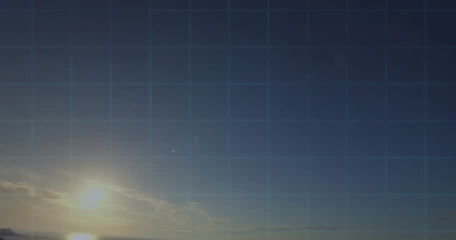 Sun descending over ocean horizon drawing transparent HUD panels, circuits and charts animating. Futuristic, technology, interface, digital, innovation, coastal, scenic