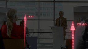 presenter speaking at podium starting red arrow overlay rising numeric labels for business growth. Professional, analytics, corporate, data visualization, business, leadership, communication - Powered by Shutterstock - Get 15% off with code: PIKWIZARD15