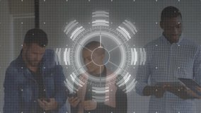 Technology professionals tapping and swiping devices under holographic interface during data review. Innovation, teamwork, digital, connectivity, futuristic, analysis, collaboration - Powered by Shutterstock - Get 15% off with code: PIKWIZARD15