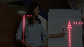 Female presenter using marker initiating business chart by rising red arrows illustrating growth. Professional, communication, presentation, analytics, growth, strategy, leadership - Powered by Shutterstock - Get 15% off with code: PIKWIZARD15