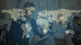 User noting business network growth as transparent map overlay showing glowing node pulsing links. Global connectivity, professional collaboration, data visualization, conference environment, - Powered by Shutterstock - Get 15% off with code: PIKWIZARD15