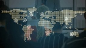 Business presenter gesturing, lighting pulses connecting nodes across world map showing global ties. International, connectivity, data visualization, corporate, professional, technology, urban - Powered by Shutterstock - Get 15% off with code: PIKWIZARD15