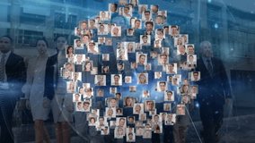 business team walking plaza activating overlay rotating headshot-globe illustrating network. Network, collaboration, connectivity, technology, modern, corporate, innovation - Powered by Shutterstock - Get 15% off with code: PIKWIZARD15