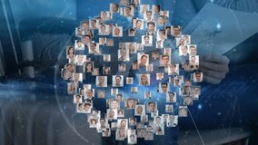 Headshots drifting inward, forming rotating business globe with data in workspace for networking. Digital network, corporate technology, data visualization, professional collaboration, abstract 3d, - Powered by Shutterstock - Get 15% off with code: PIKWIZARD15