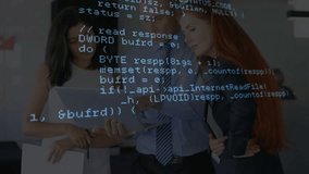 Code overlay fading over three colleagues examining tablet and analyzing API logic for tech review. Collaboration, teamwork, technology, communication, innovation, professional, digital - Powered by Shutterstock - Get 15% off with code: PIKWIZARD15