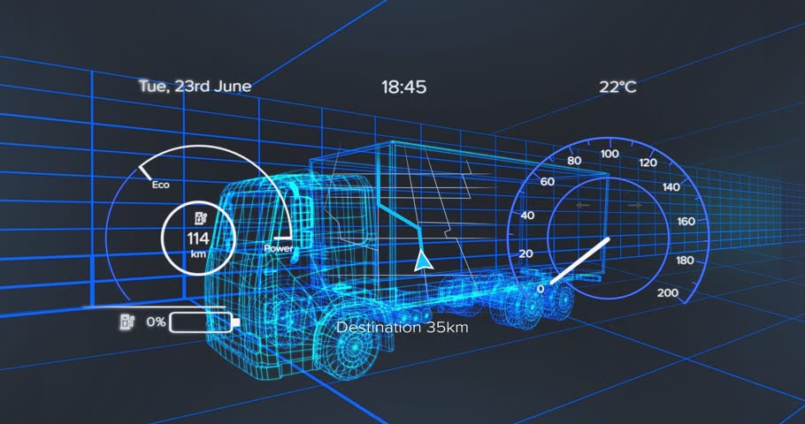Battery charging and draining driving speeding and slowing of 3D truck on HUD showing charge cycle. Futuristic, technology, interface, cyber, digital, transportation, innovation
