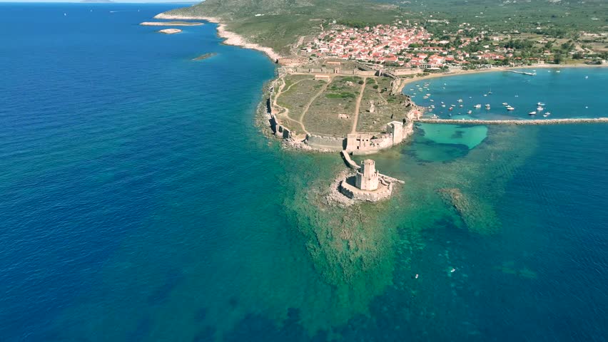 Flying over the Methoni Castle, Methoni, Greece