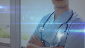 Doctor standing arms crossed, circle appearing over chest, nodes connecting pulsing medical network. Healthcare, technology, innovation, professionalism, digital, communication, modern - Powered by Shutterstock - Get 15% off with code: PIKWIZARD15