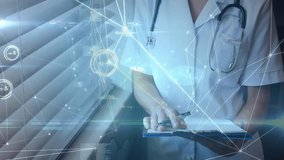 Healthcare professional writing notes on clipboard by blinds, activating animated medical icons. Medical, healthcare, professional, documentation, technology, digital, modern - Powered by Shutterstock - Get 15% off with code: PIKWIZARD15