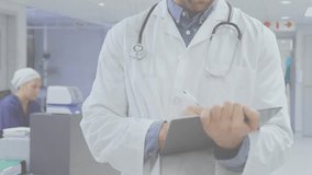 Doctor starting note writing at nurses station while activating network overlay for data insights. Medical, healthcare, digital, technology, professional, collaboration, innovation - Powered by Shutterstock - Get 15% off with code: PIKWIZARD15