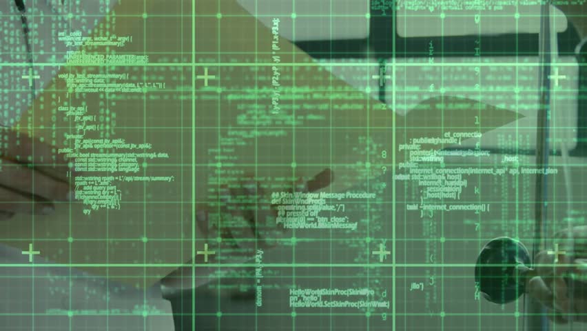 Code grid shifting revealing medical doctor scanning data lifting gaze preparing report near blinds. Technology, healthcare, digital, modern, professional, innovation, analysis - Powered by Shutterstock - Get 15% off with code: PIKWIZARD15