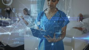 Nurse reviewing patient notes on clipboard at hospital and initiating overlay tracking health. Medical technology, healthcare, digital interface, patient care, clinical, modern, telemedicine - Powered by Shutterstock - Get 15% off with code: PIKWIZARD15