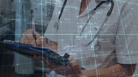 Female doctor writing on clipboard at station, grid scrolling aiding patient data recording. Medical, healthcare, professionalism, technology, diagnosis, clinical, contemporary - Powered by Shutterstock - Get 15% off with code: PIKWIZARD15