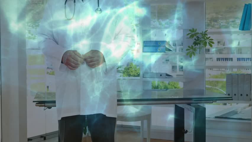 Doctor smoothing coat by desk in clinic and summoning swirling blue energy field while laughing. Medicine, healthcare, professional, futuristic, inspiration, innovation, concentration