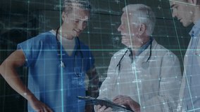 Healthcare team consulting tablet activating data overlay while mother guiding child walker steps. Medical, collaboration, technology, pediatrics, support, innovation, clinical - Powered by Shutterstock - Get 15% off with code: PIKWIZARD15