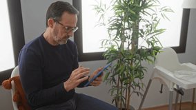 Man using tablet in comfortable home setting with plants and children's furniture, highlighting technology and relaxation in a cozy indoor environment. - Powered by Shutterstock - Get 15% off with code: PIKWIZARD15