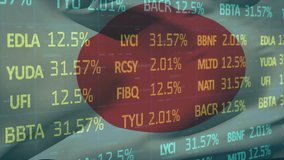 Waving Japanese flag sun rippling under translucent code tickers updating rates to show data shifts. Digital interface, data analysis, financial visualization, modern design, technology, information - Powered by Shutterstock - Get 15% off with code: PIKWIZARD15