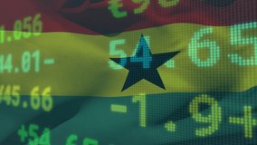 On opening frame Ghana flag rippling while cyan and yellow-green ticker updates showing market flux. Patriotism, economic, financial, digital, stockmarket, currency, analytics - Powered by Shutterstock - Get 15% off with code: PIKWIZARD15